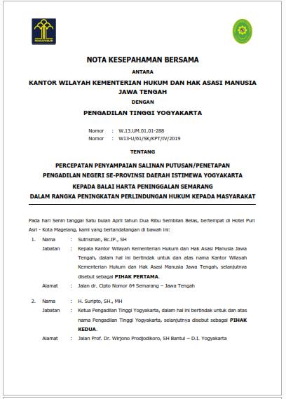 Dokumen Nota Kesepahaman Bersama/Memorandum of Understanding (MoU) Antara Kanwil Kemenkumham Jawa Tengah dengan Pengadilan Tinggi Yogyakarta Tahun 2019