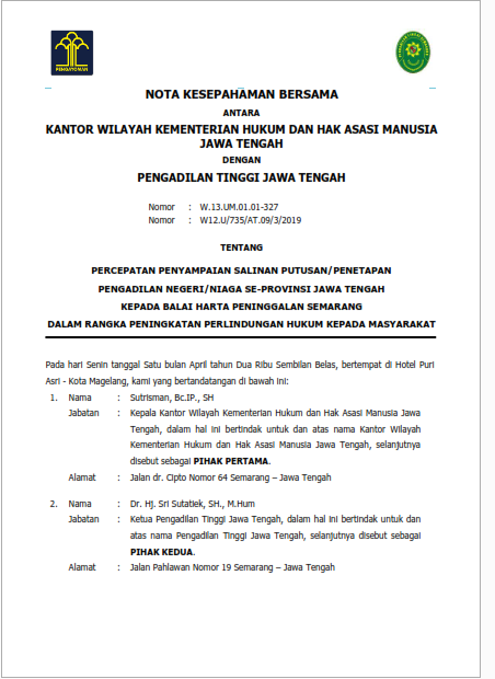 Dokumen Nota Kesepahaman Bersama/Memorandum of Understanding (MoU) Antara Kanwil Kemenkumham Jawa Tengah dengan Pengadilan Tinggi Jawa Tengah Tahun 2019