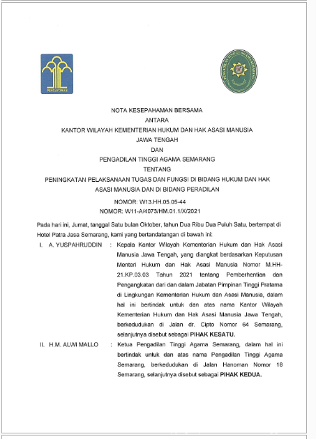Dokumen Nota Kesepahaman Bersama/Memorandum of Understanding (MoU) Antara Kanwil Kemenkumham Jawa Tengah dengan Pengadilan Tinggi Agama Semarang Tahun 2021