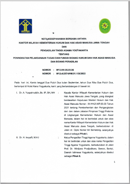 Dokumen Nota Kesepahaman Bersama/Memorandum of Understanding (MoU) Antara Kanwil Kemenkumham Jawa Tengah dengan Pengadilan Tinggi Agama Yogyakarta Tahun 2022